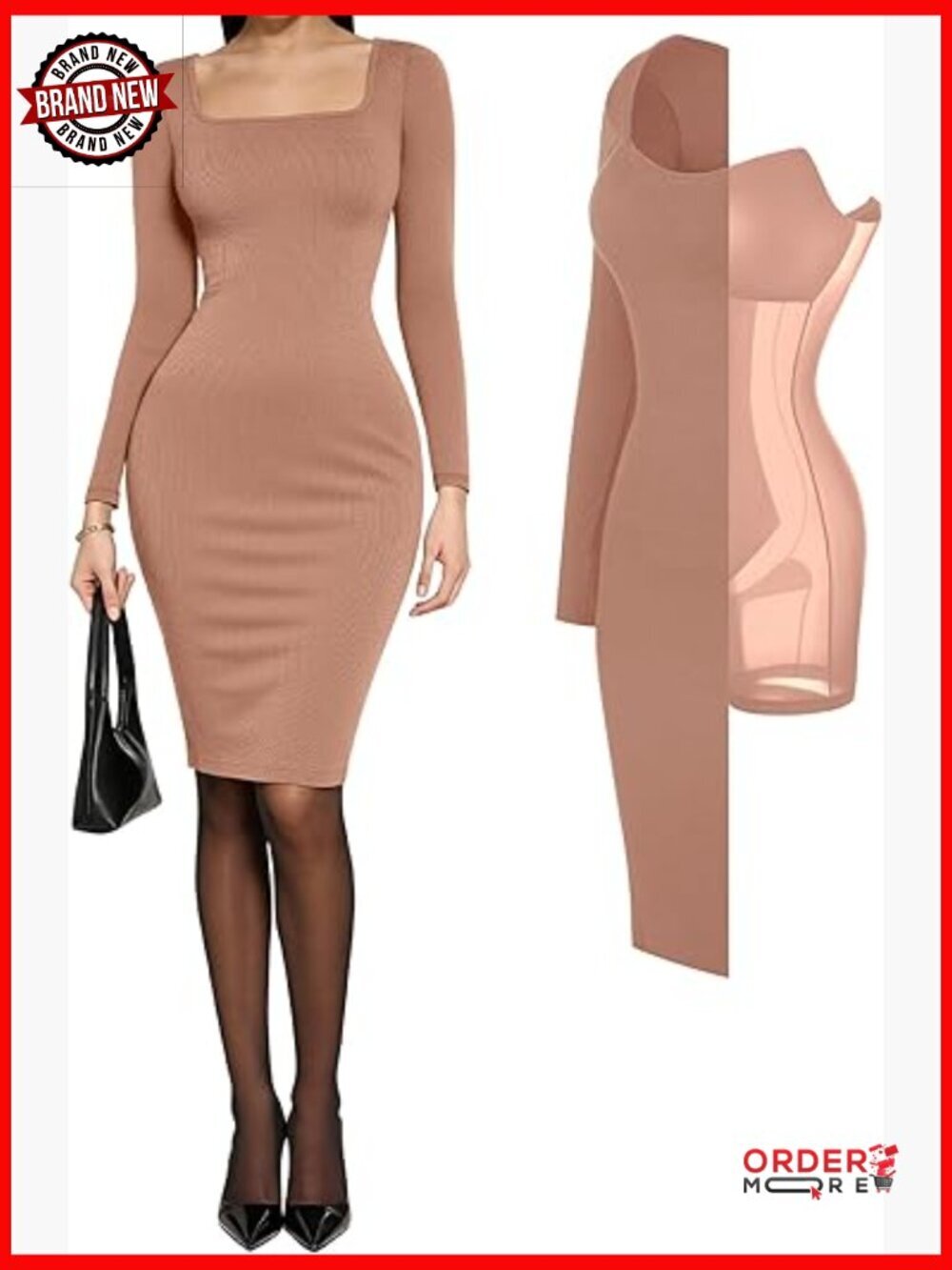 Long Sleeve Square Neck Midi Bodycon Dress Shapewear Tummy Control Built in Bra